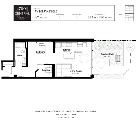 Zero Bed One Bath Webster Floorplan  at 700 Central Apartments, MN, 55414